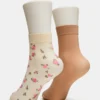 2 Flower Pack Sheer Anklet Socks Vanilla