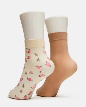 2 Flower Pack Sheer Anklet Socks Vanilla