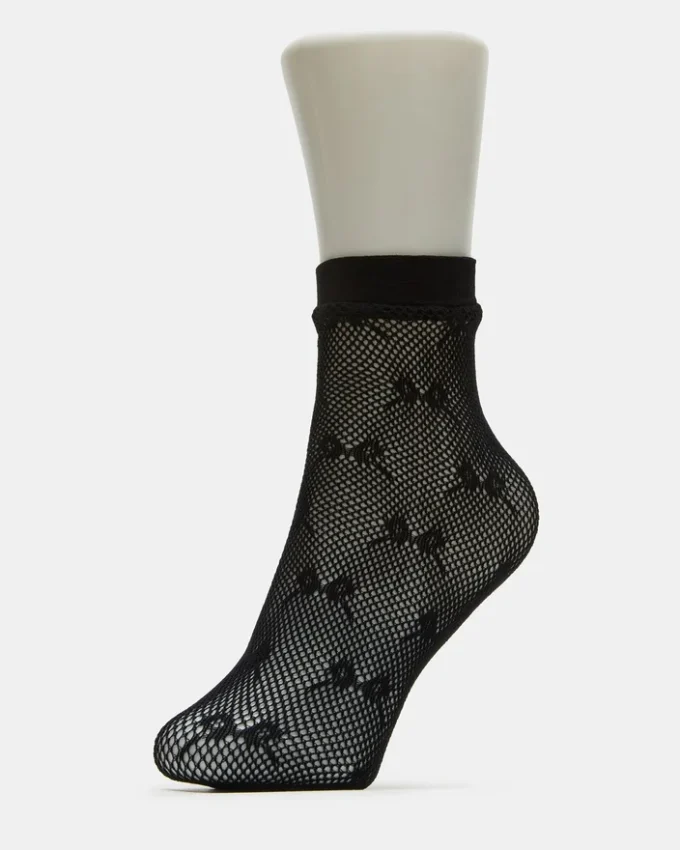2 Pack Bow Fishnet Anklet Socks Black