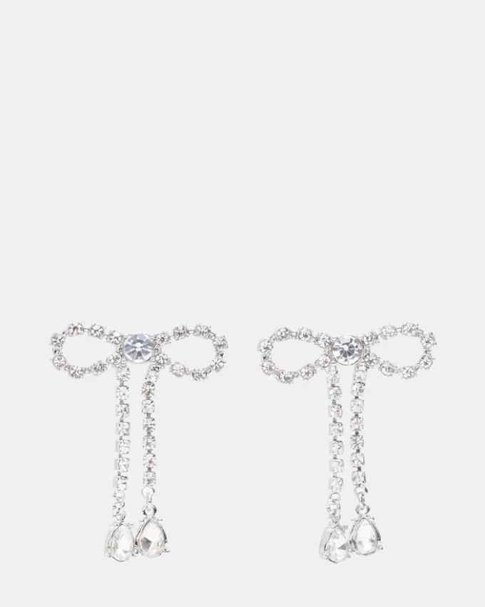 Rhinestone Bow Earrings Silver